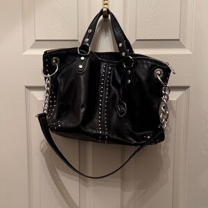MICHAEL Michael Kors Black Leather Shoulder Bag with Silver Accents
